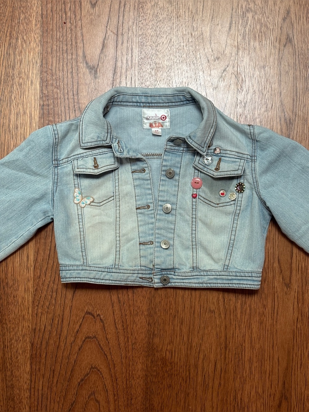 Annie Light Blue Cropped Denim Jacket with Embroidered Patches